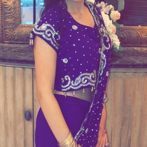 Purple indian three piece set: crop top, skirt with lehenga.